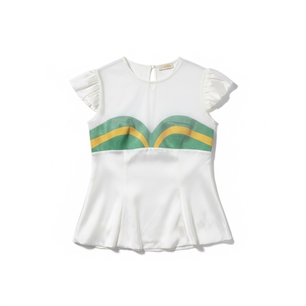 Sheer White top with Green and yellow Accents size 6